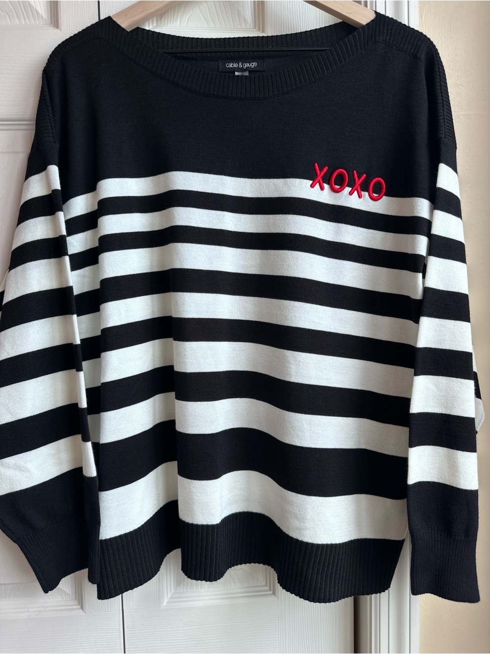 Cable & Gauge Black & White Striped Crew Sweater with Red XOXO Detail